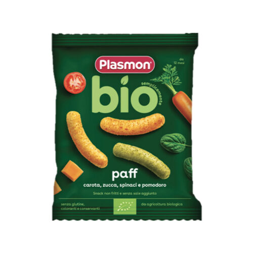 Plasmon – Pufka Bio me karrotë, kungull, spinaq dhe domate (12m+)