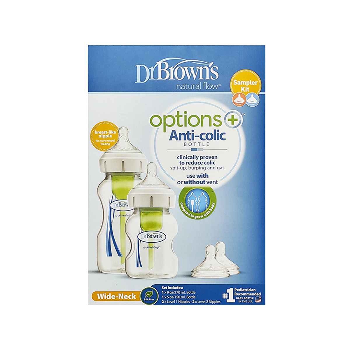 Dr. Brown’s – Set me 2 shishe me qafë të gjerë dhe 2 koka (0m+, 3m+)
